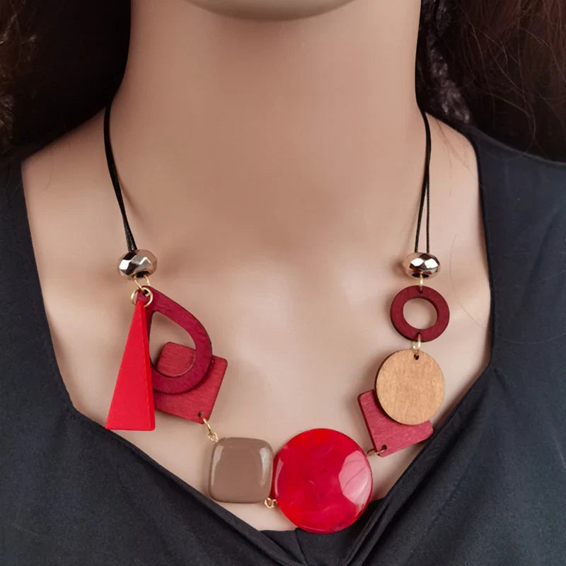 Vintage Wooden Geometric Pendant Necklace with Collar Handmade Ethnic Statement Bib Necklaces for Women Neck Jewelry