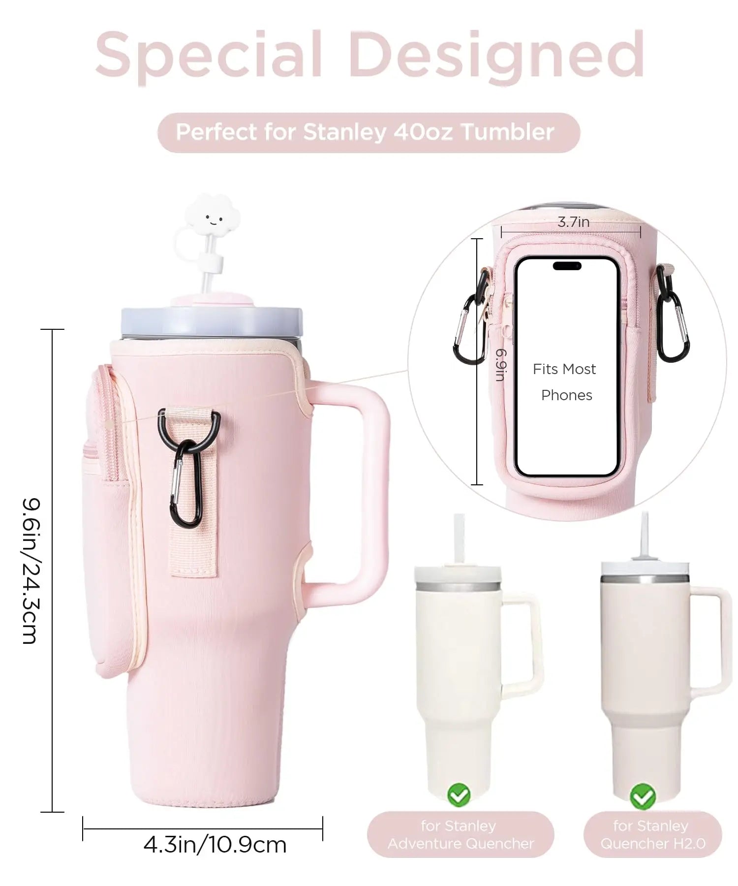 Porta-garrafa de água com bolso para celular para o Stanley 40oz Tumbler com alça.