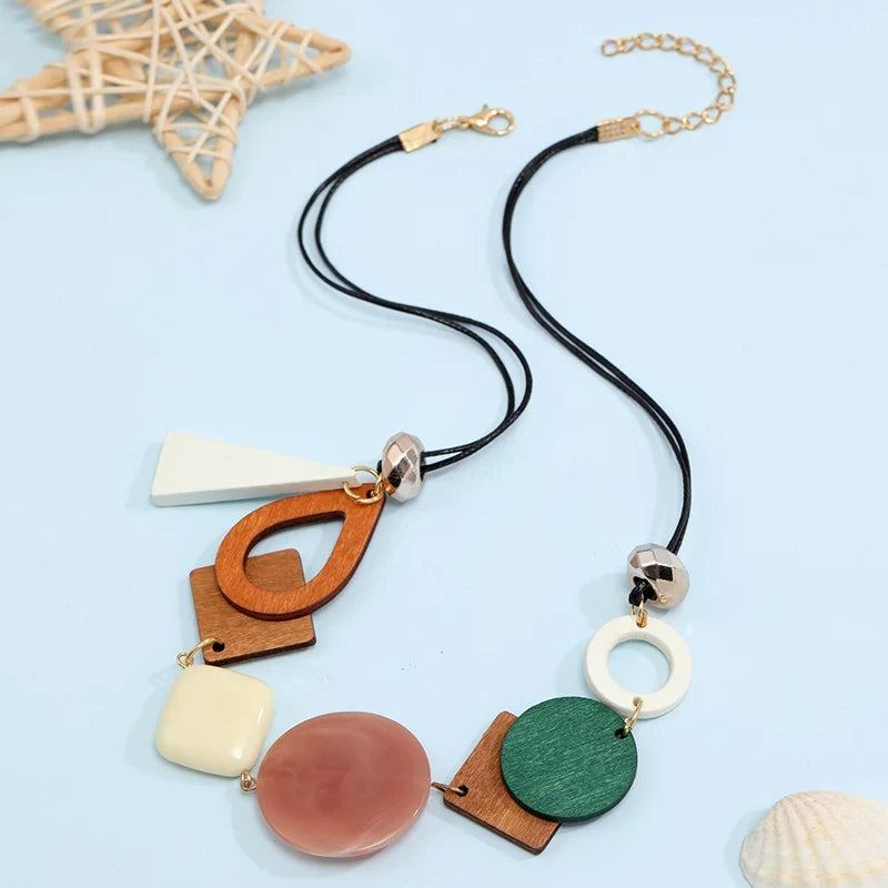 Vintage Wooden Geometric Pendant Necklace with Collar Handmade Ethnic Statement Bib Necklaces for Women Neck Jewelry