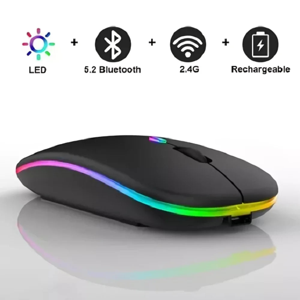 Mouse sem fio recarregável 2,4 GHz com LED RGB para home office.