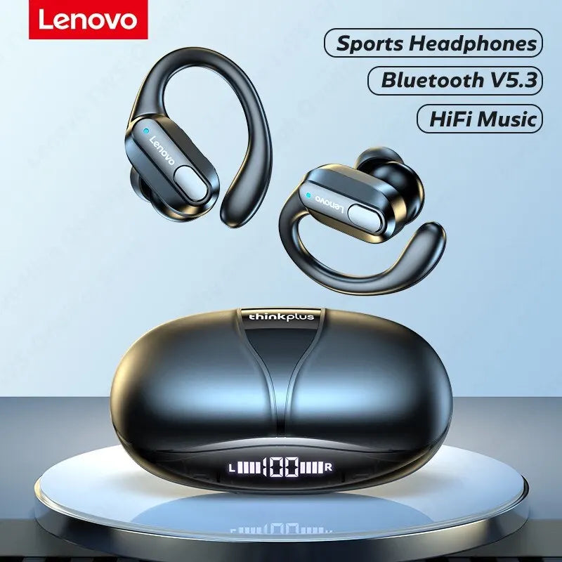 "Fones Lenovo XT80: som potente, sem fio, microfone e display de energia LED."