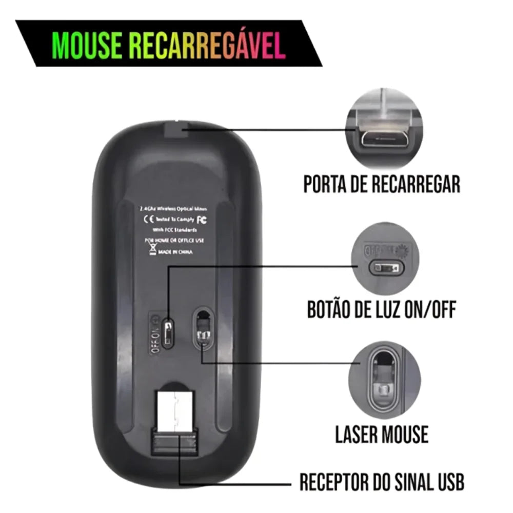 Mouse sem fio recarregável 2,4 GHz com LED RGB para home office.